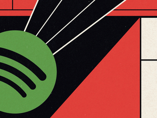 Logo verde do Spotify sobre composição abstrata geométrica em vermelho, preto e creme, com faixas diagonais.