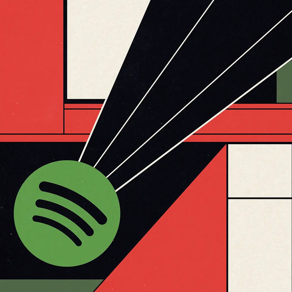 Logo verde do Spotify sobre composição abstrata geométrica em vermelho, preto e creme, com faixas diagonais.