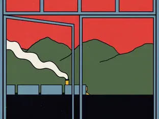 Ilustração da Serra do Curral, em Belo Horizonte, sendo vista por uma janela. Um trem passa aos prés da serra.