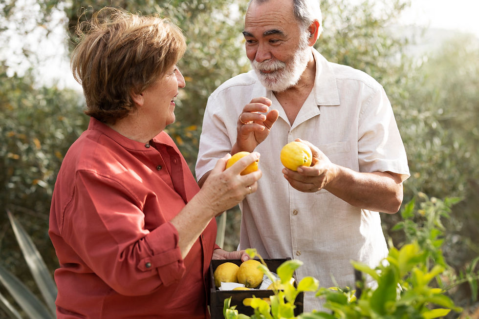 Older couple smiling and chatting while holding lemons in a sunny orchard, with a crate of lemons among green trees.