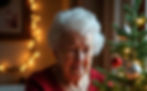 Elderly woman in a red sweater gazes warmly at a decorated Christmas tree, with soft glowing lights in the background creating a cozy mood.