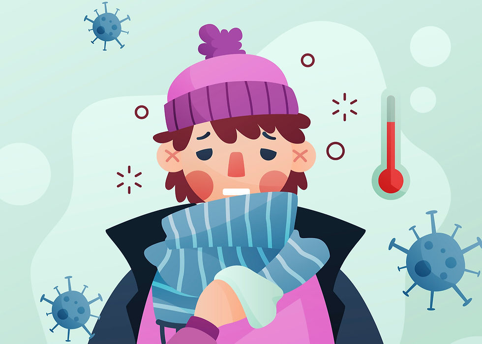 Child bundled in a scarf and hat, looks unwell. Background shows virus illustrations and a thermometer, suggesting illness.