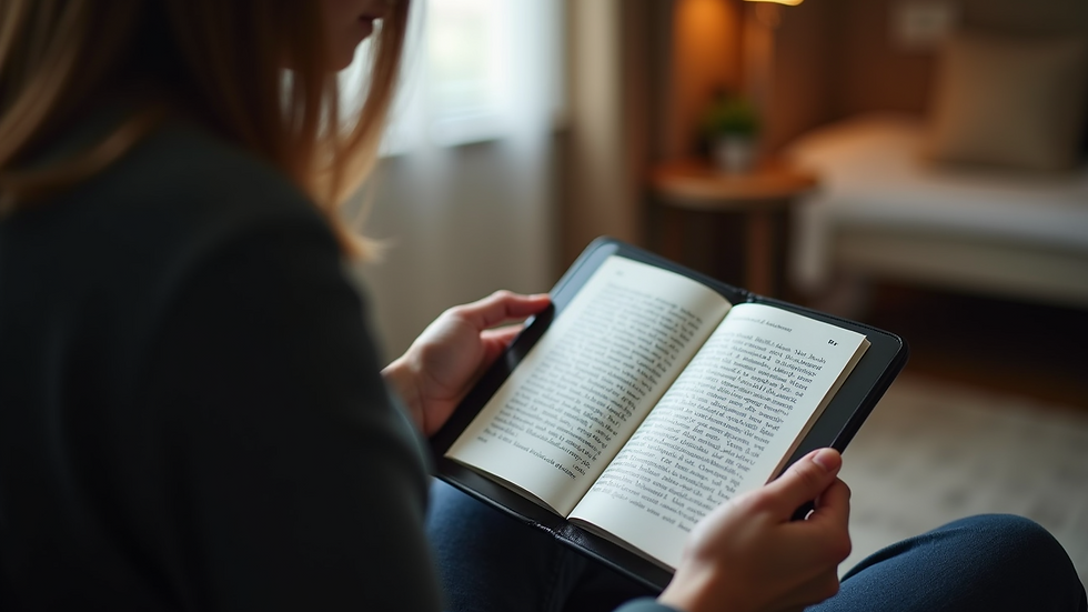 Eye-level view of a person reading an eBook on a tablet