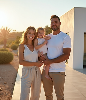 A happy family standing in front of their new home in Almería with soft-natural-lighting a