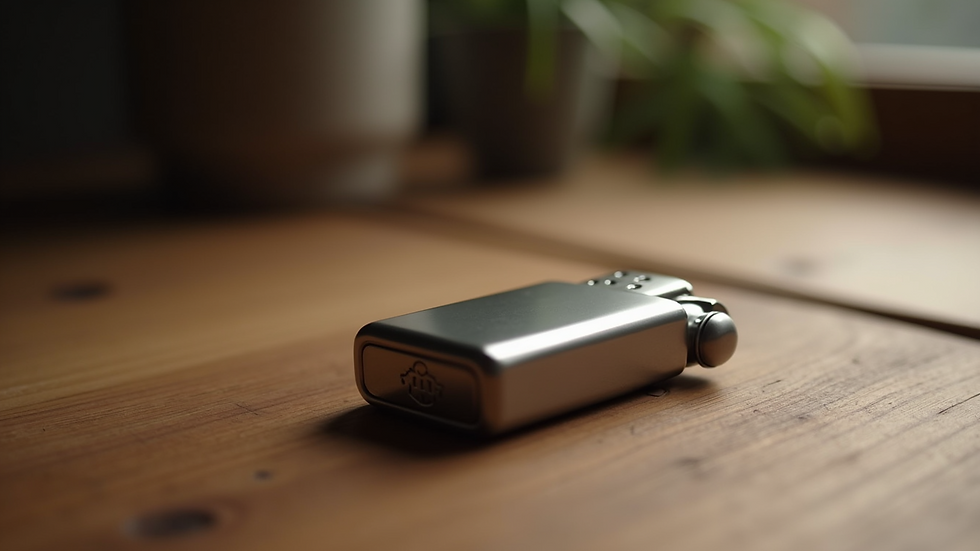 Close-up view of a sleek metallic lighter on a wooden surface