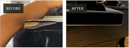 Before-and-after piano cabinet edge repair and finish restoration