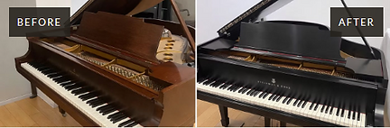 Before-and-after walnut piano cabinet ebonizing and refinishing