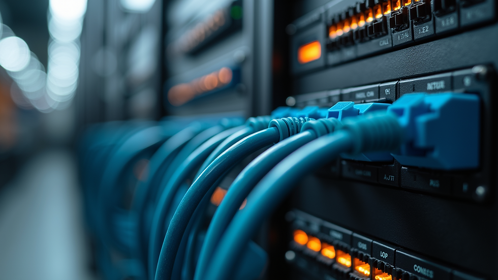 Eye-level view of industrial control panel with Ethernet cables