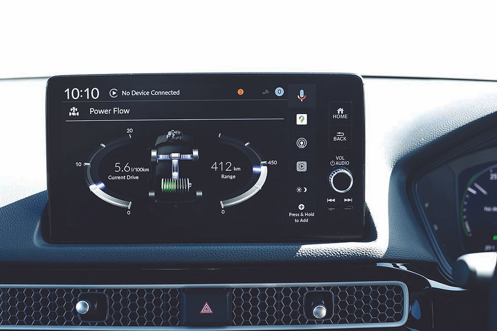 The central screen is big, and easy to read, but it can be distracting to the driver. The honeycomb vents give a retro feel, especially with the 'stick' controls.