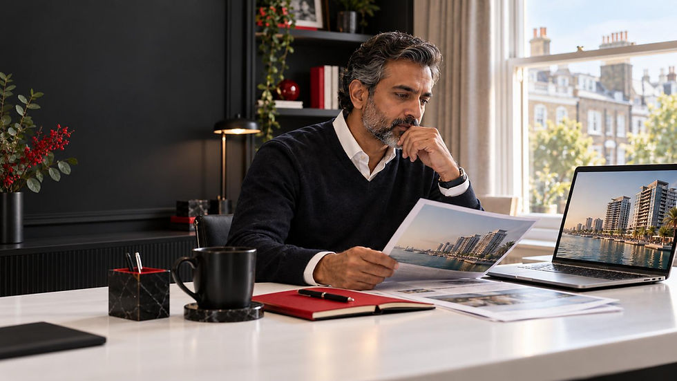 UK-based landlord reviewing Dubai property documents at home, with waterfront apartments displayed on a laptop.