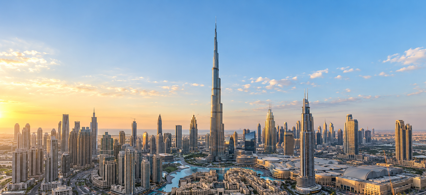 Dubai skyline with the Burj Khalifa and surrounding towers in warm evening light.