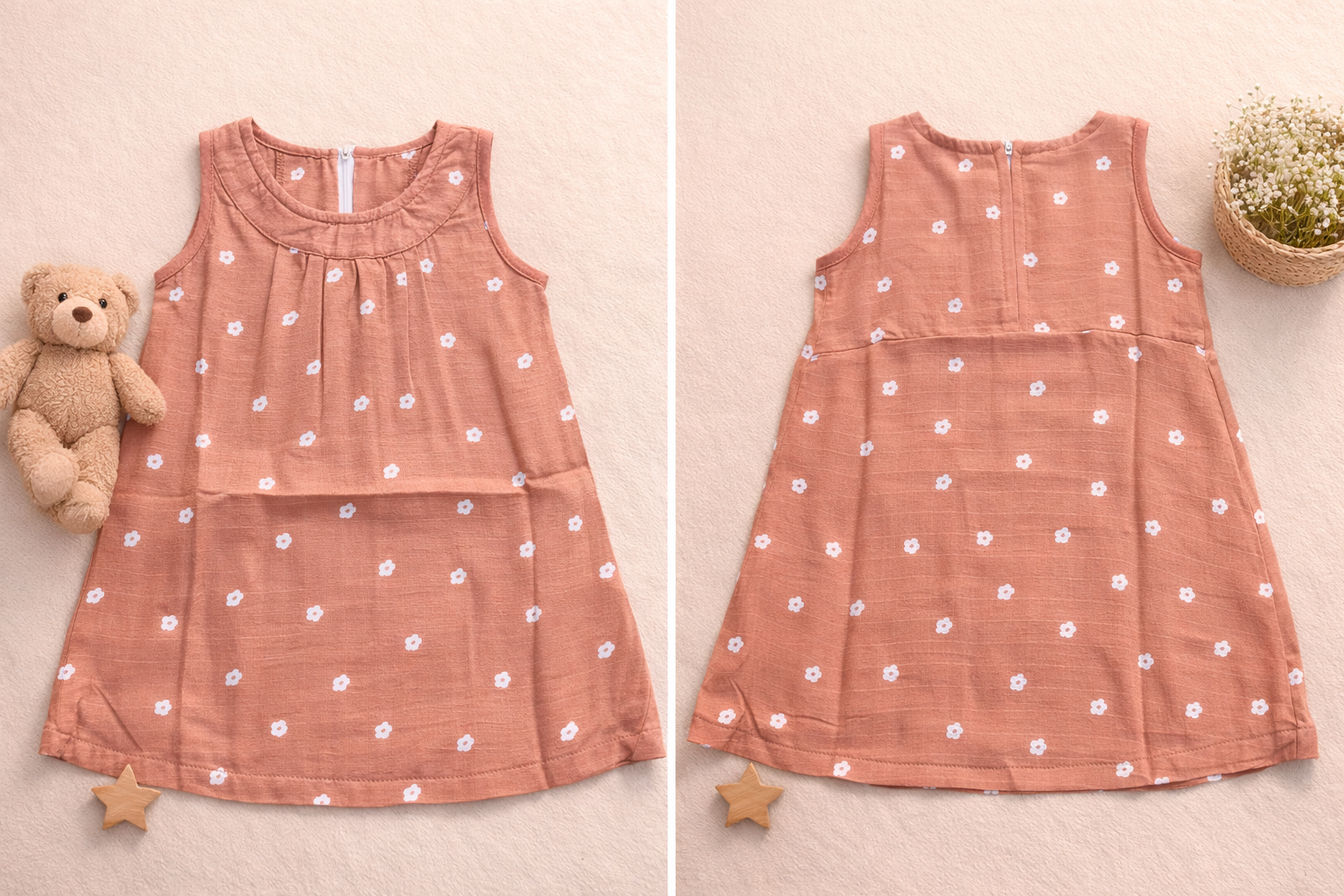 Vizha Premium Muslin Zipper Frock-Peach Florals