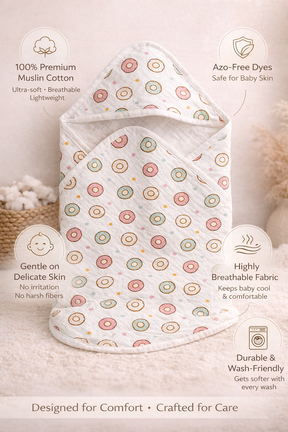 Thumbnail: Vizha Premium Double Layer Muslin Hooded Towel-Donut Days