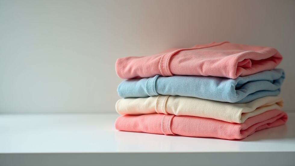 Eye-level view of a neatly folded stack of colorful baby shorts on a white shelf