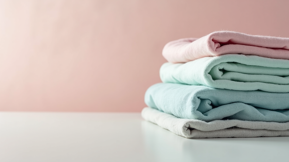 Eye-level view of neatly folded muslin cloths in soft pastel colours