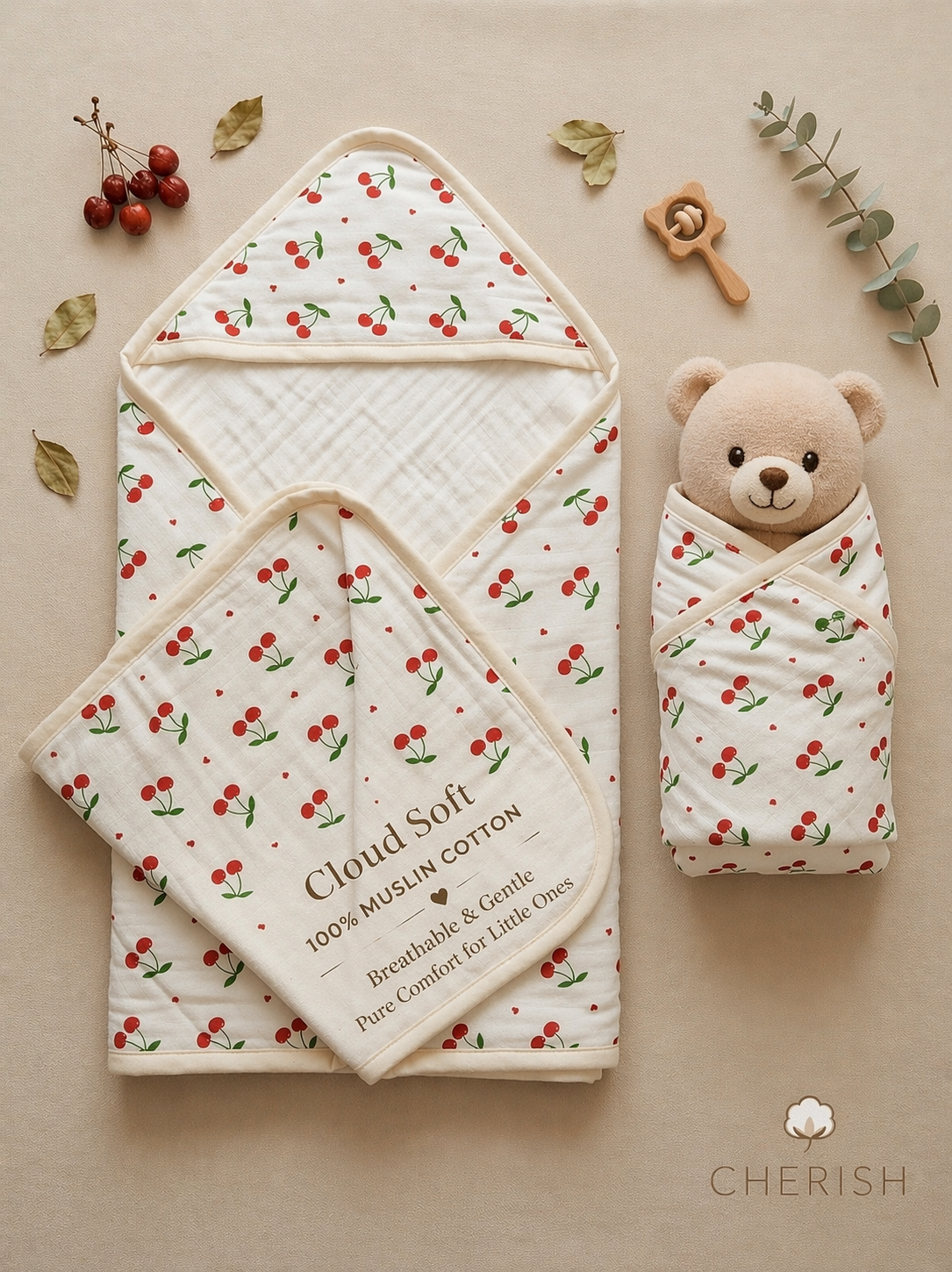 Vizha Premium Double Layer Muslin Hooded Towel (75 x 73cm) -Cherry Hearts