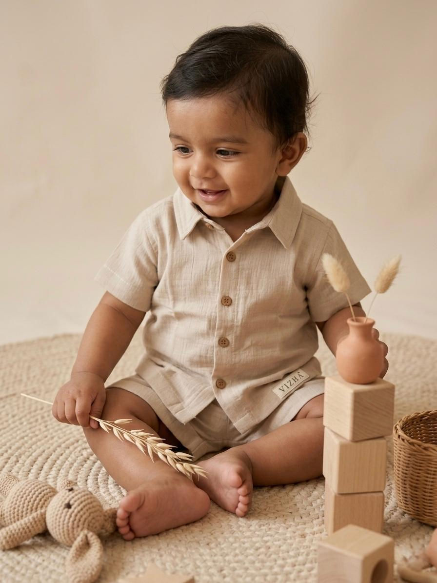 Thumbnail: Vizha Premium Crinkle Collared Co-ord Set - Butter Bicuit