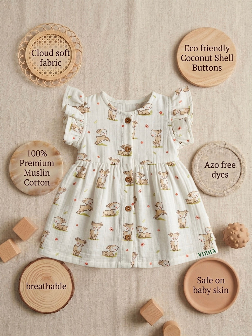 Thumbnail: Vizha Premium Muslin Frill Frock - Fawn & Fern