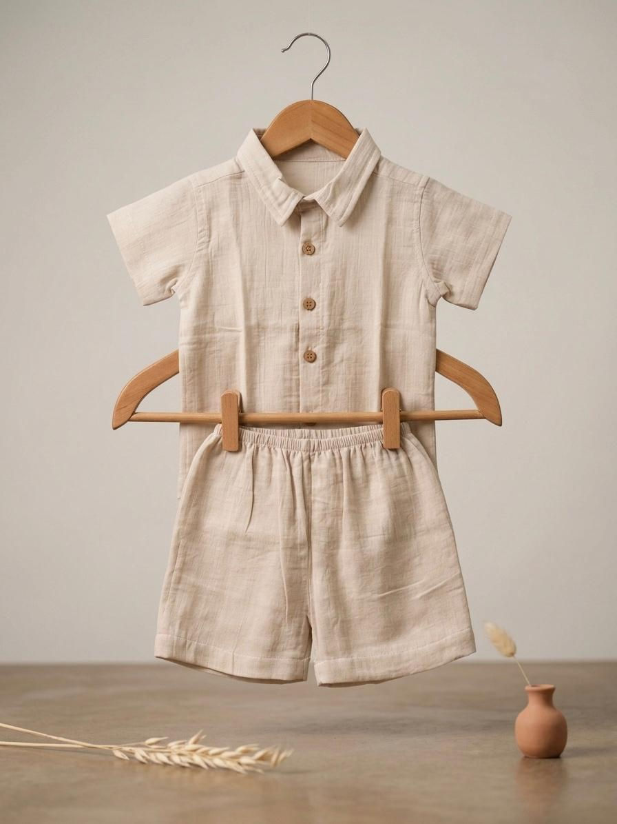Thumbnail: Vizha Premium Crinkle Collared Co-ord Set - Butter Bicuit