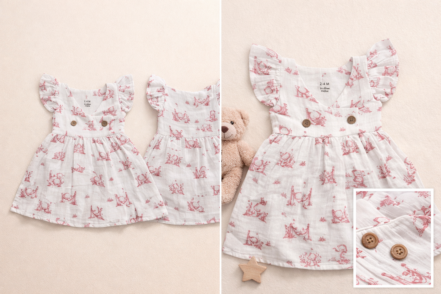 Vizha Premium Muslin Crinkle Kimono Button Frock-Blush Pooh Story
