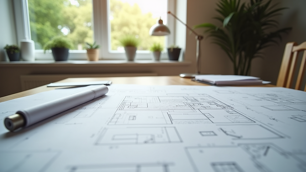 Eye-level view of a home renovation blueprint spread on a table