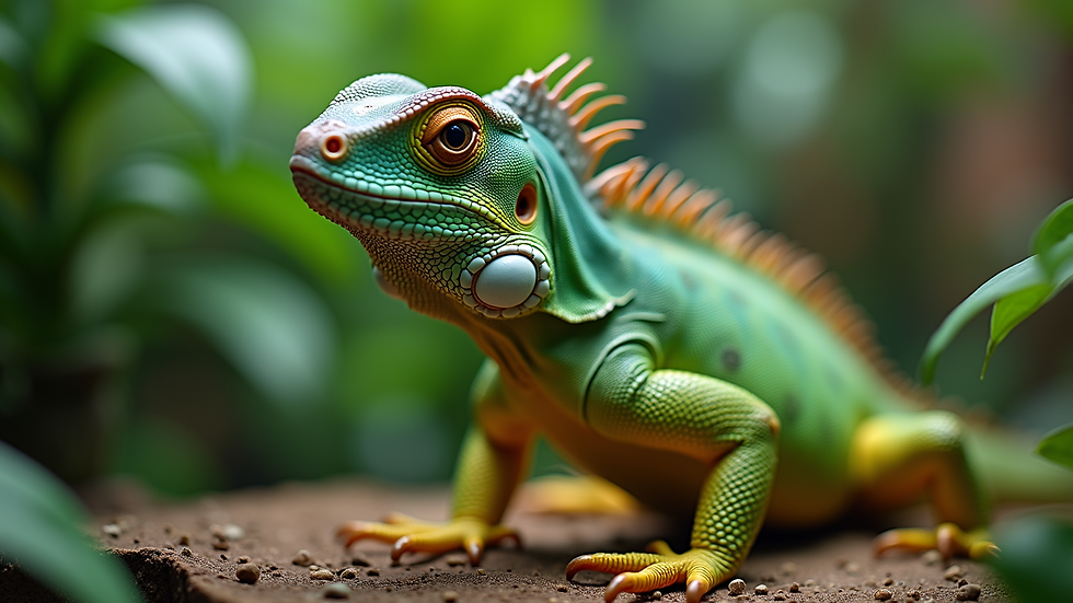 Close-up view of a healthy green iguana in a well-decorated terrarium