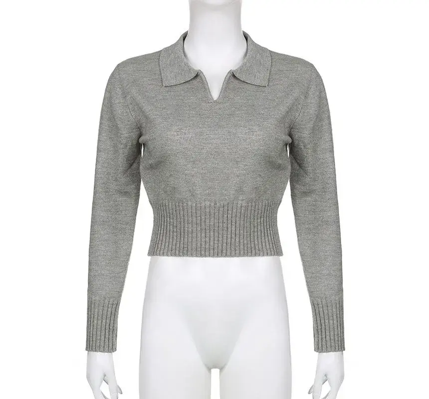Thumbnail: plain knit long sleeve polo crop top