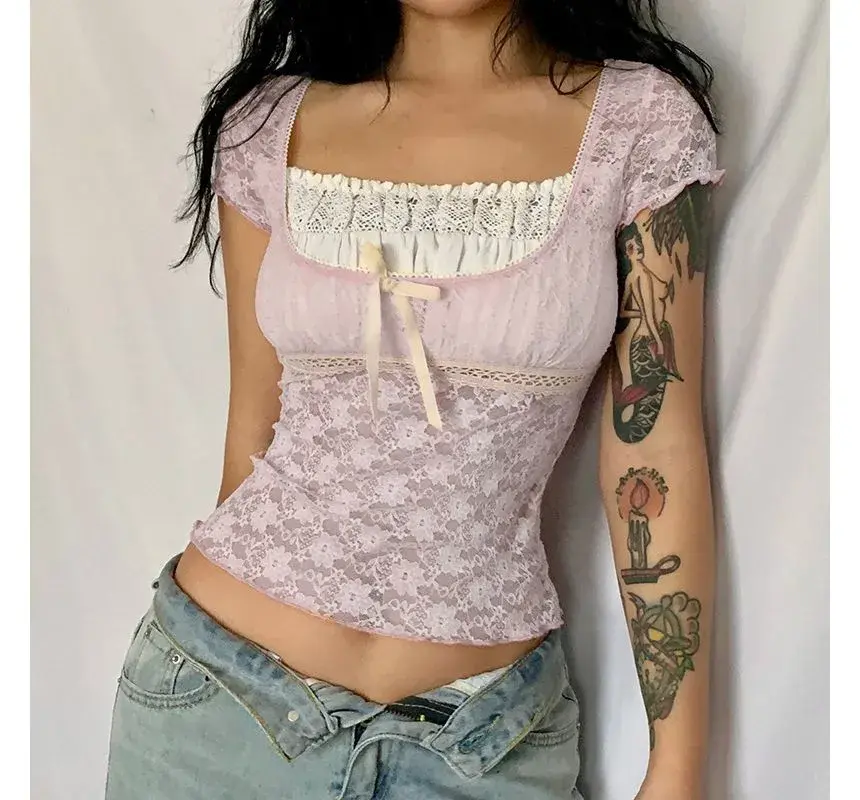 short-sleeve mock two-piece bow accent lace top