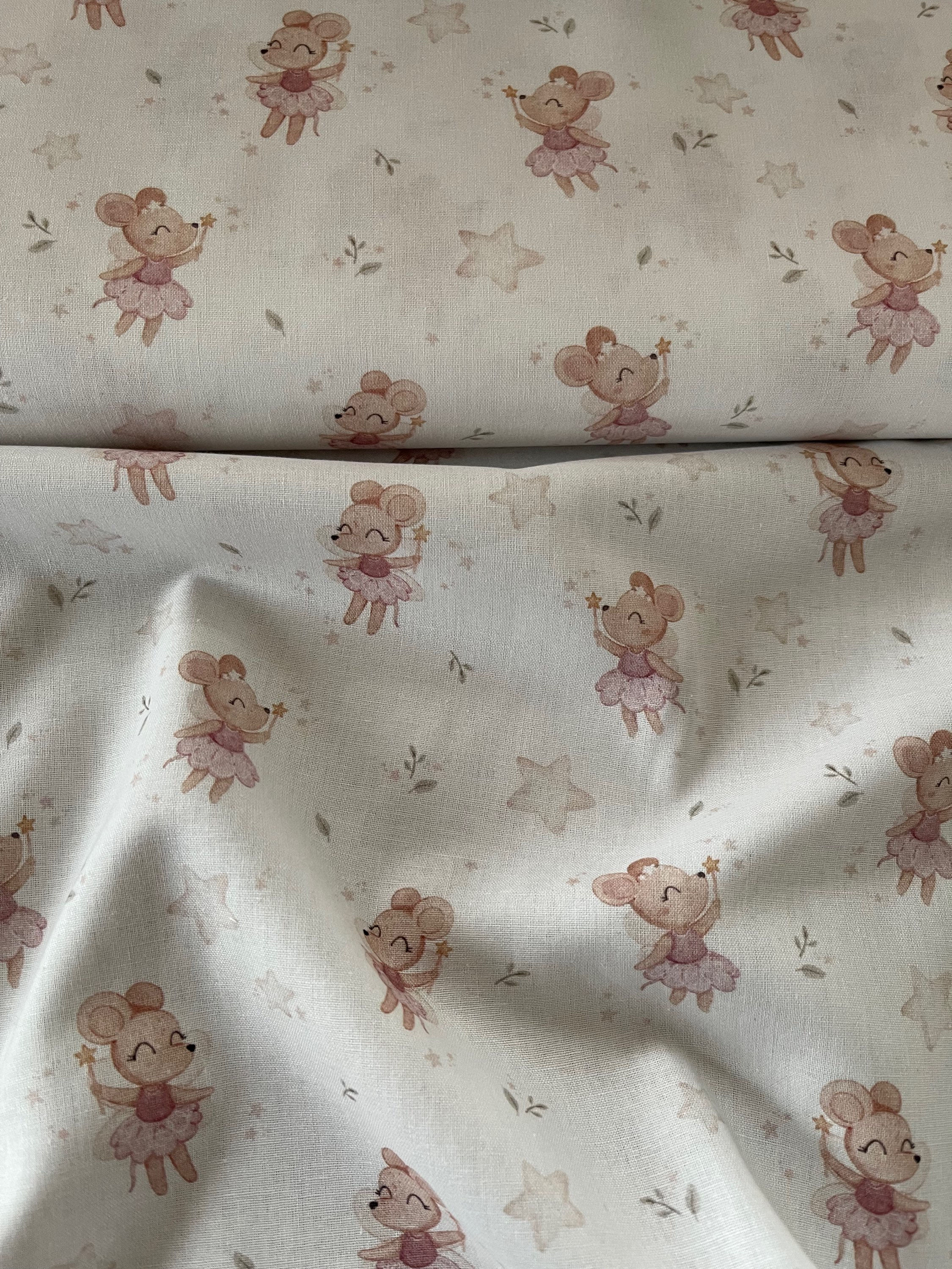 Popeline de coton blanc imprimé souris danseuses