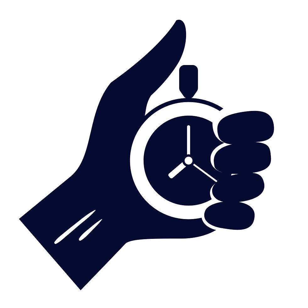 Stylized dark blue hand holding a stopwatch, pressing a button.