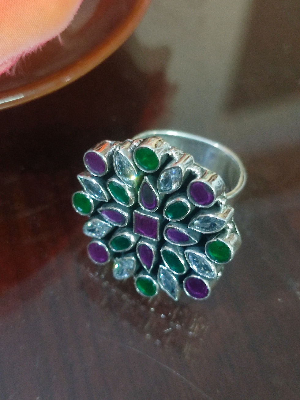 Thumbnail: multi gemstone adjustable silver ring