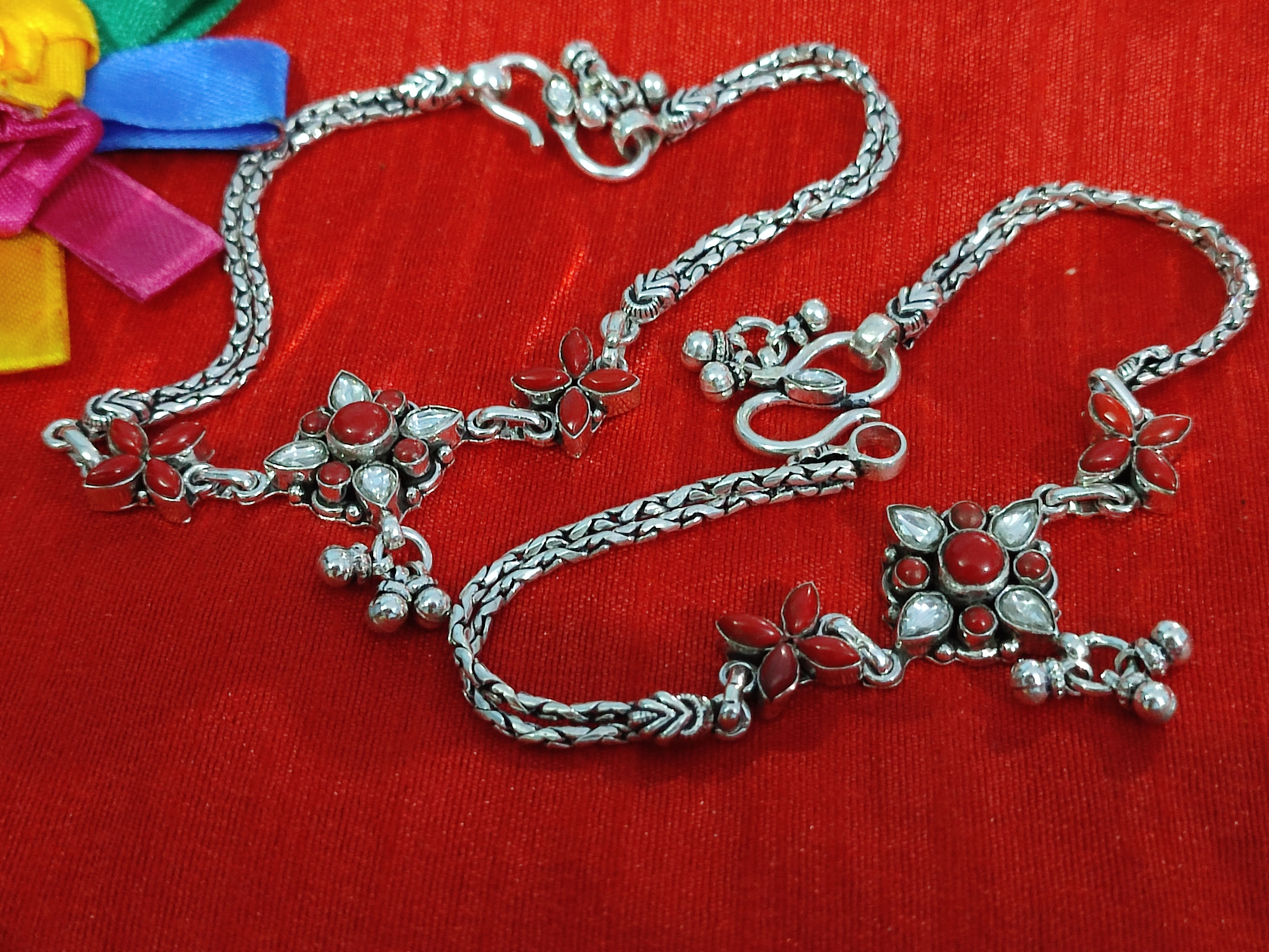 Coral or turquoise with zircon silver anklets