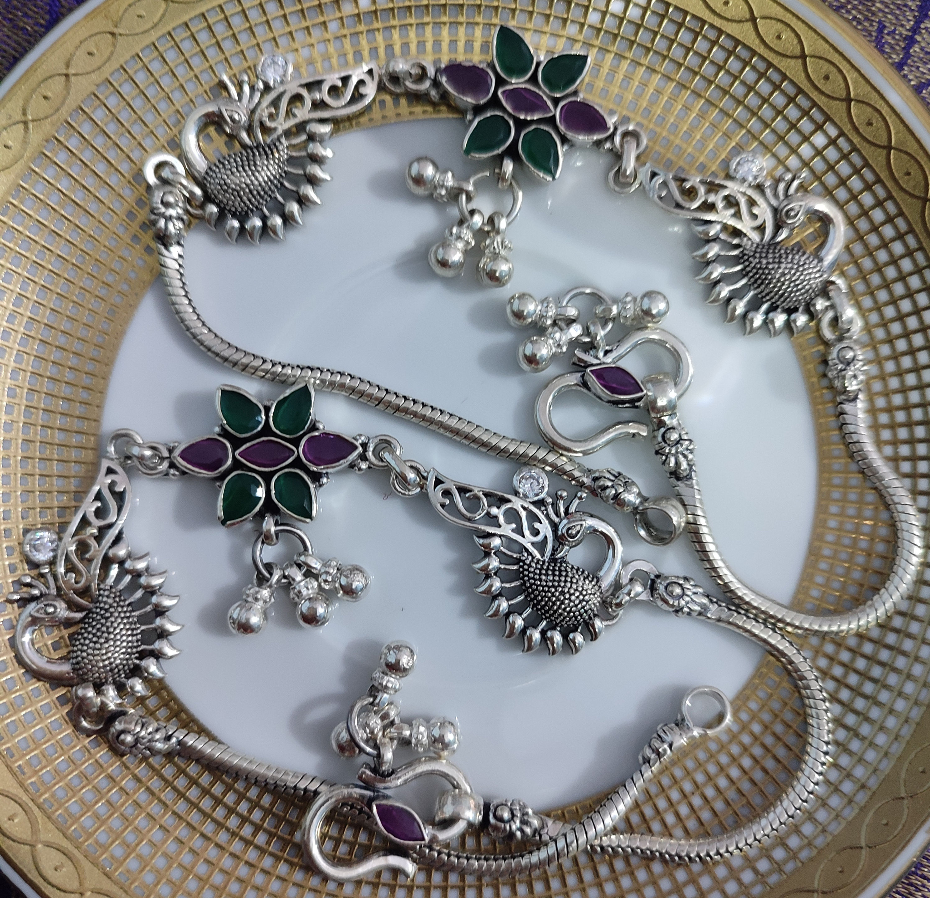 Peacock with flower 925 silver anklet (payal)