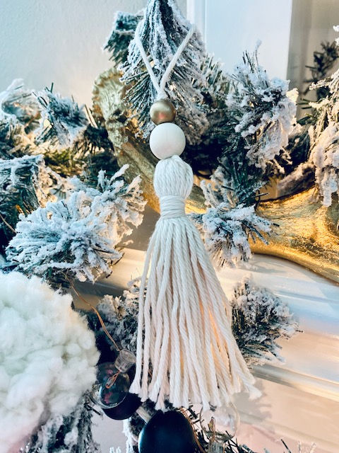Thumbnail: Off White Tassel and Wood Bead Ornament