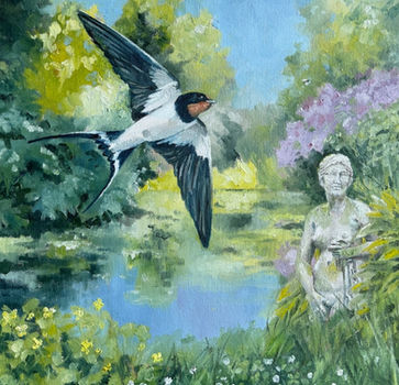 Swallow over pond, statue of venus. Symbols relating to the myth, folklore and legend of the swallow hidden in the picture.
