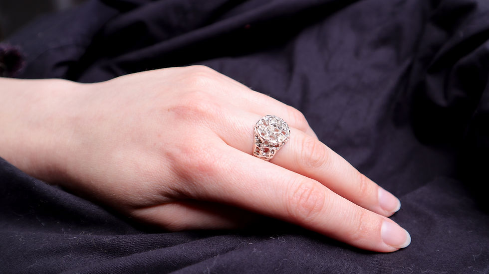 Underwater-inspired silver signet ring with intricate patina and texture, Seaborn Ruins design.