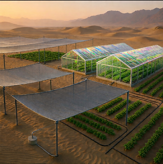 Green houses in the desert with transparent solar panel roofs