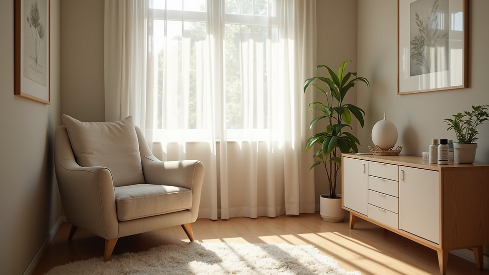 Eye-level view of a calm therapy room with a comfortable chair and soft lighting