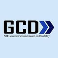 Black blocky "GCD" followed by a blue then dark blue arrows. Black text below: "Governor's Commission  on Disability"