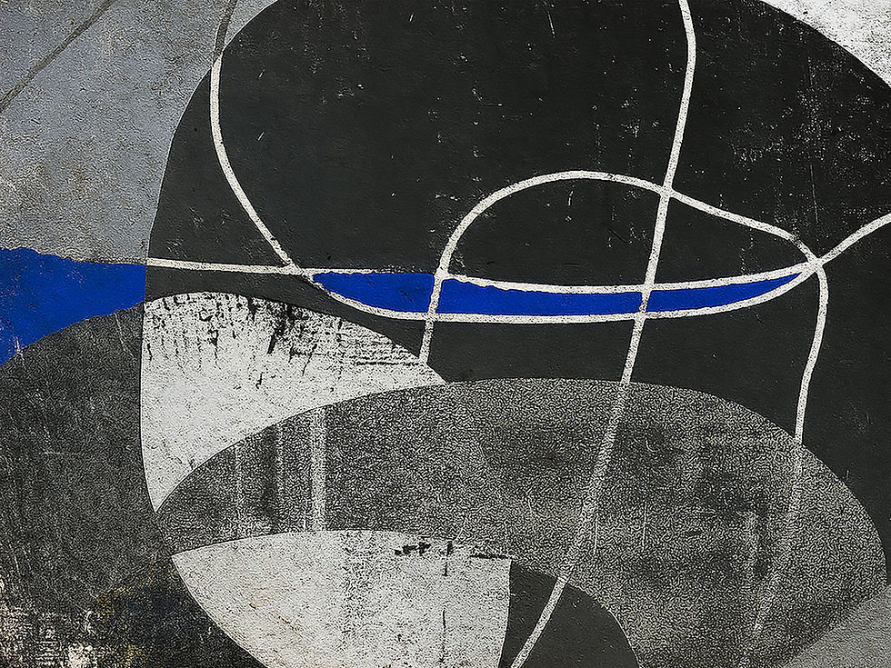 Embrace — black and grey curved abstract forms crossed by white linework and a vivid cobalt blue horizontal band.