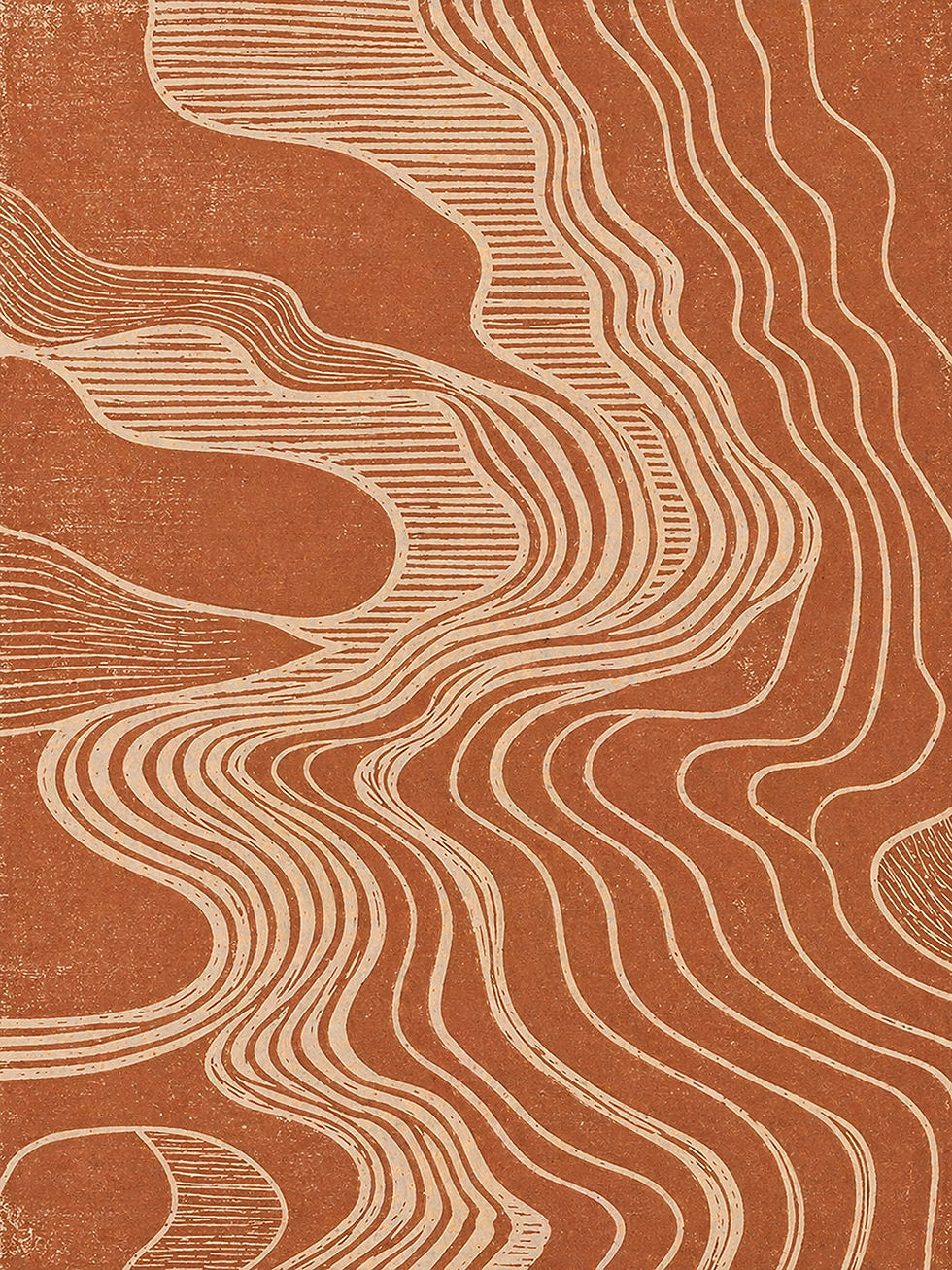 Sienna Mars — terracotta abstract landscape filled with flowing cream contour lines and textured topographic forms.