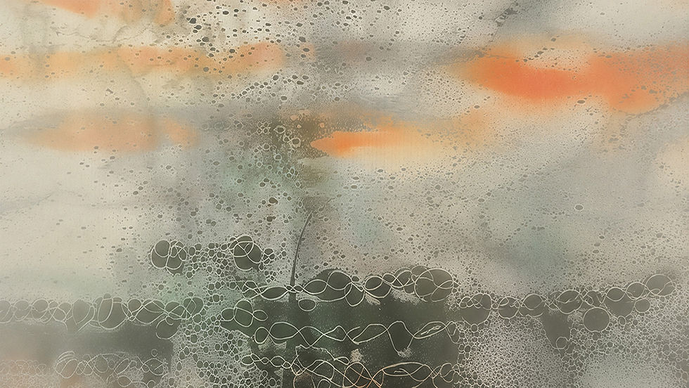 Hakanai — pale sage, grey and soft orange abstract forms with translucent watery textures and delicate bubble-like details.