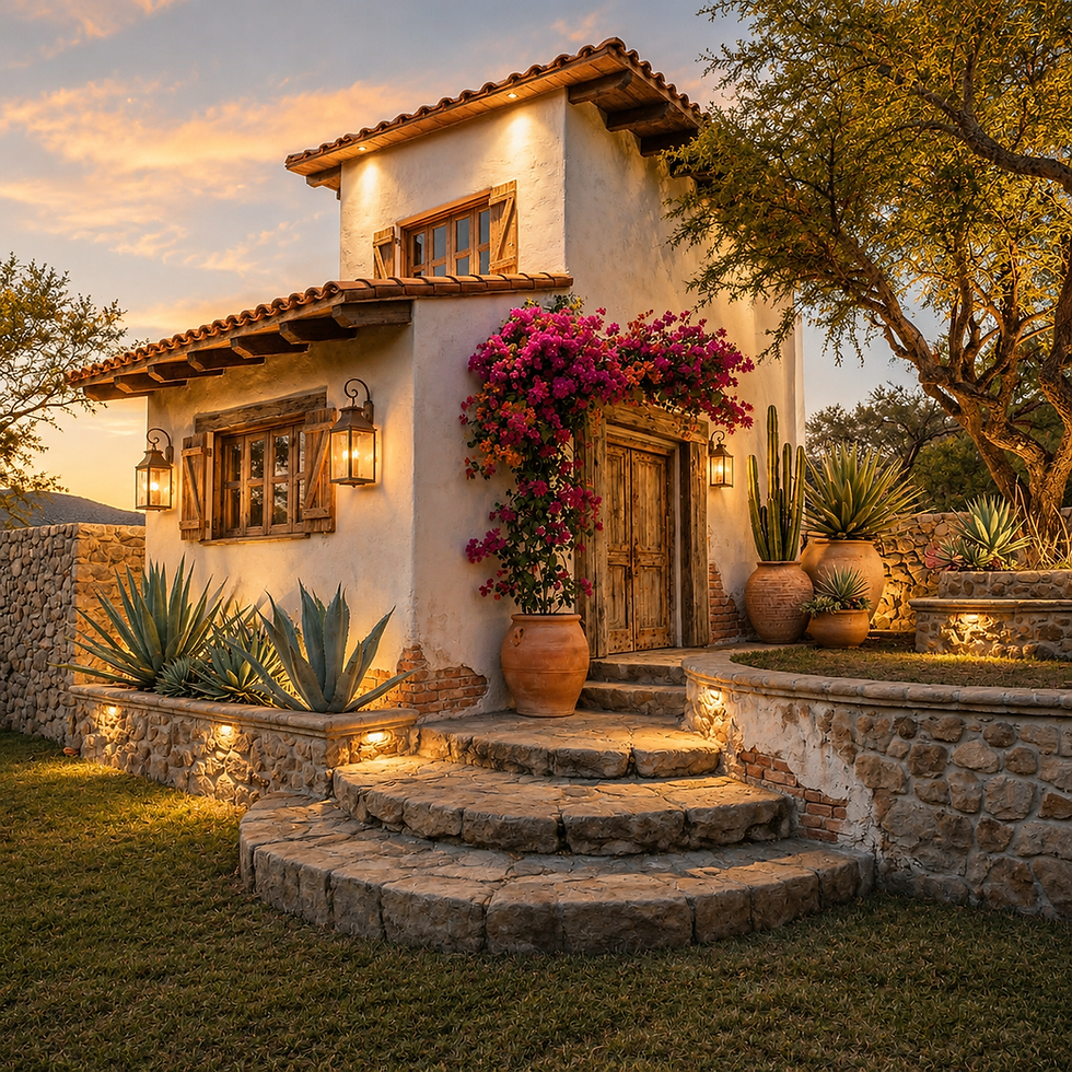 Foto en formato cuadrado de una cabaña rústica de dos pisos al atardecer, con paredes claras, techo de teja, bugambilia fucsia, agaves y macetas de barro, iluminación cálida en tonos dorados.