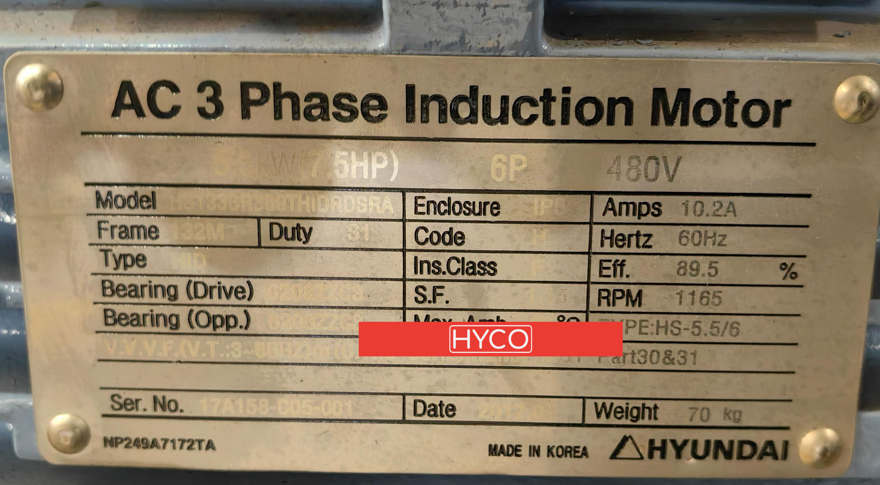 HYUNDAI ELECTRIC AC 3 PHASE INDUCTION MOTOR HS133SR309THIDRDSRA