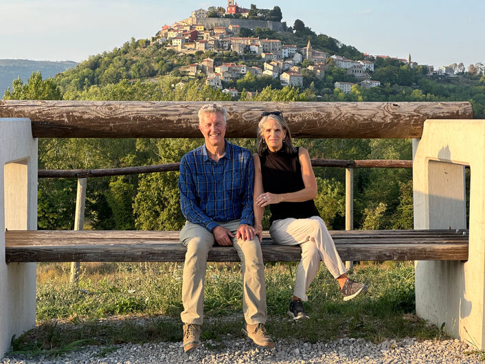 David & Jolene from the USA on a private tour of Croatia, posing at Motovun viewpoint during their bespoke itinerary.