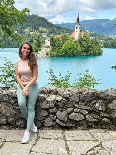 Bled Island with the Church of the Assumption in the middle of Lake Bled, Slovenia.