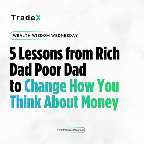 TradeX image with "Wealth Wisdom Wednesday" text; highlights 5 lessons from "Rich Dad Poor Dad" on changing money mindset.