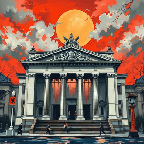 Grand neoclassical building with columns and red banners, flanked by pink blossoming trees. Two people talk on the steps. Red flag atop.