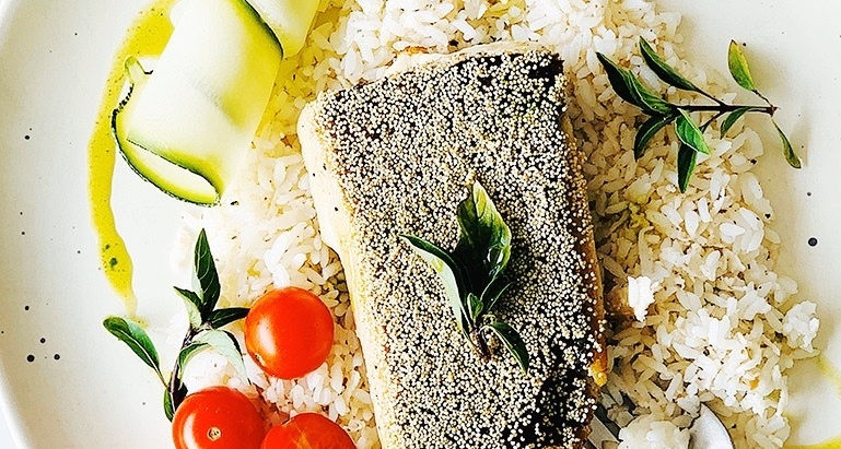 Pan fried fish with poppy seeds and coconut scented rice