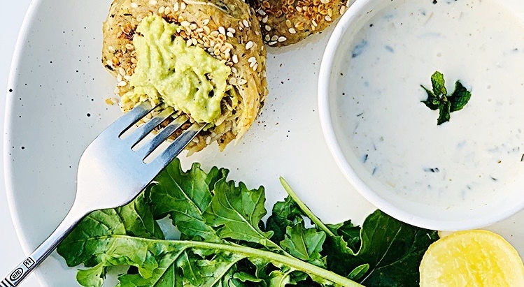 Turnip and sweet potato cutlets topped with a creamy pea puree